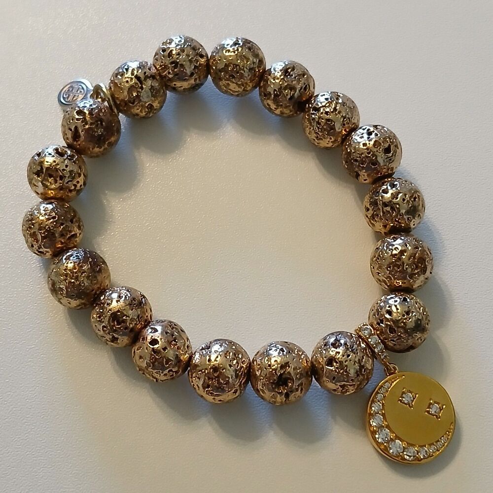 Gold-Tone Lava Rock Beaded Stretch Bracelet, Celestial Crescent Moon Charm